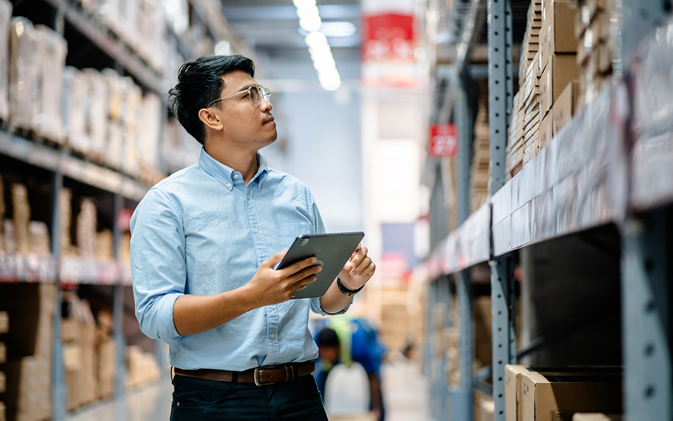 Male warehouse manager looking at stock