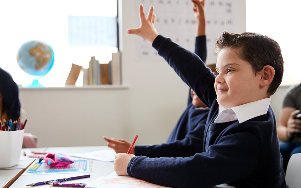Primary school pupil raising their hand in the classroom