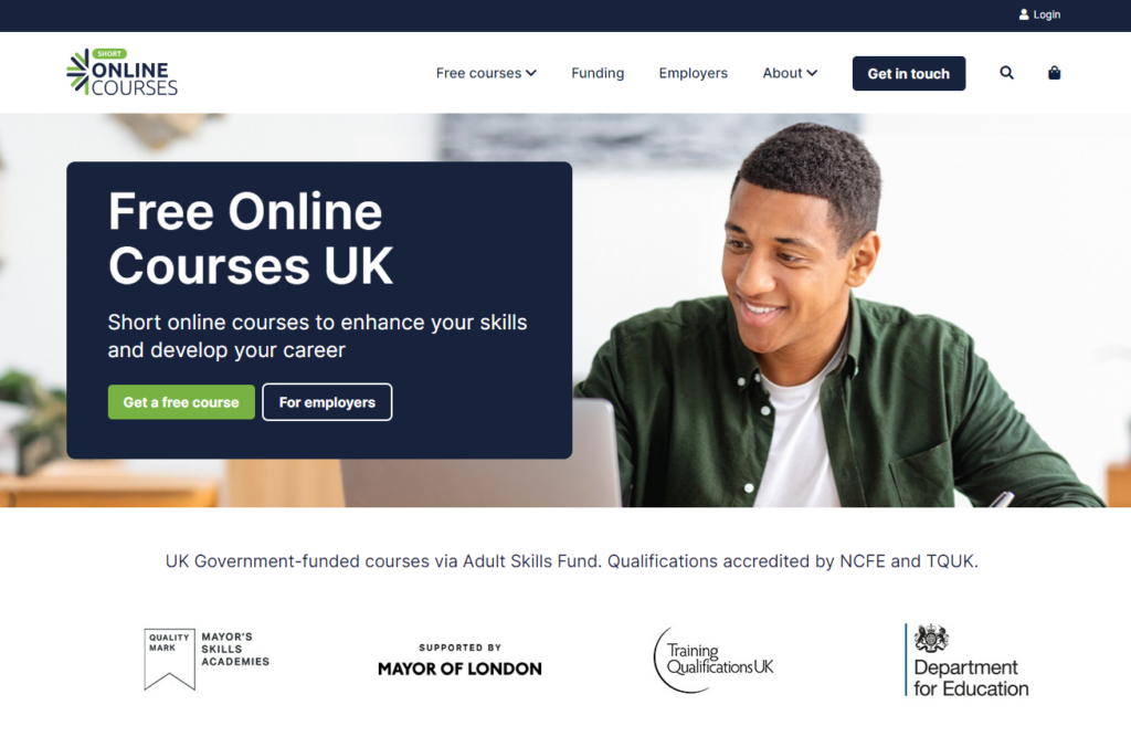 Website homepage for Free online courses uk