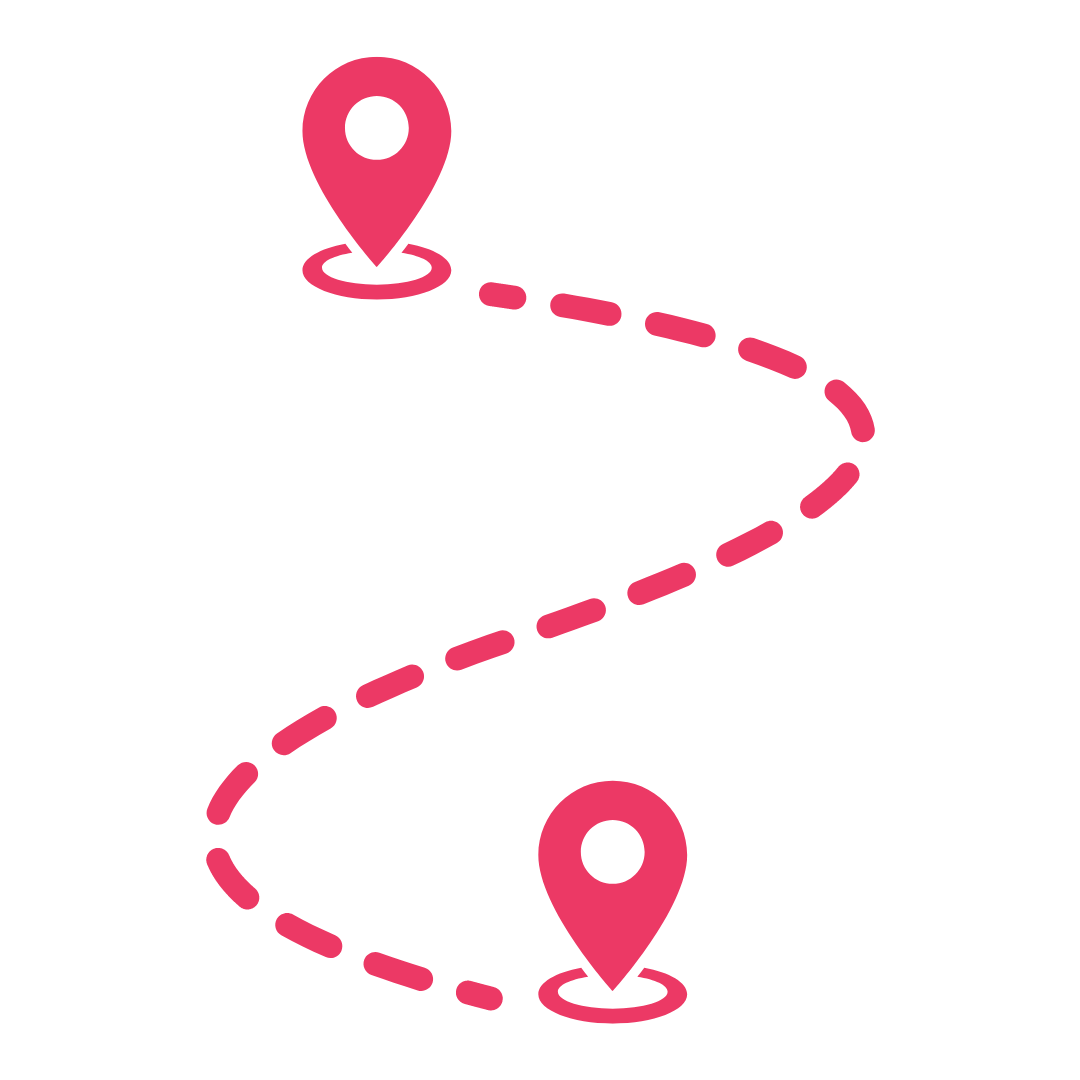 A pink road map showing two points one at the top and one at the bottom