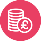 A pink circle with a stack of coins and one coin facing us with a pound sign in the middle