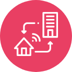 Pink circle with a house and building in the middle with arrows go from one to the other