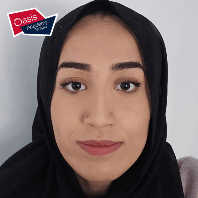 A selfie of Amirah with the Oasis Academy Temple logo above her,