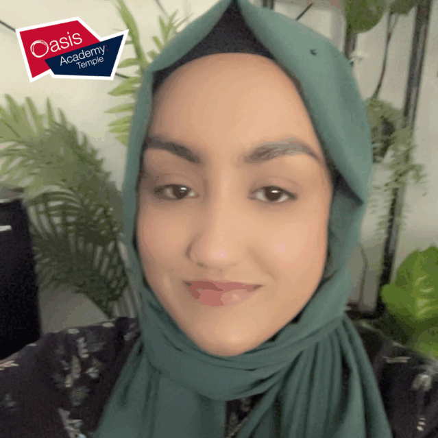 A selfie of Hooriya smiling with the Oasis academy temple logo above her